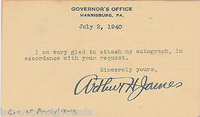 AUTHUR JAMES PENNSYLVANIA GOVERNOR VINTAGE AUTOGRAPH SIGNED POSTCARD - K-townConsignments