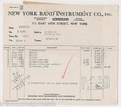 BUESCHER NEW YORK BAND INSTRUMENTS VINTAGE 1930s GRAPHIC AD STATIONERY RECEIPTS - K-townConsignments