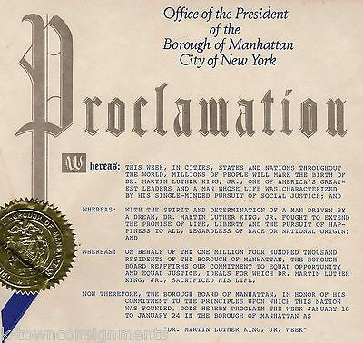 MARTIN LUTHER KING Jr MANHATTAN NEW YORK CITY COUNCIL AUTOGRAPHED PROCLAMATION - K-townConsignments