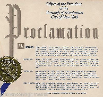 MARTIN LUTHER KING Jr MANHATTAN NEW YORK CITY COUNCIL AUTOGRAPHED PROCLAMATION - K-townConsignments