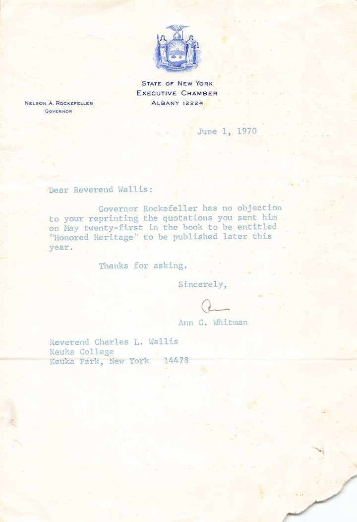 Ann Whitman Rockefeller & Eisenhower Secretary Autograph Signed Letter 1970