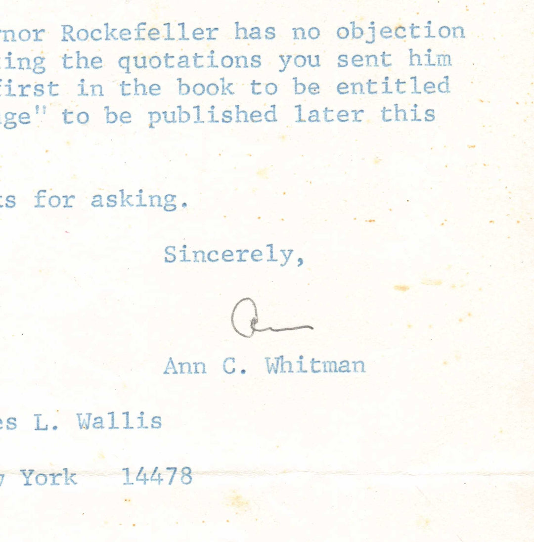 Ann Whitman Rockefeller & Eisenhower Secretary Autograph Signed Letter 1970