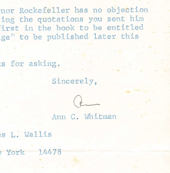 Ann Whitman Rockefeller & Eisenhower Secretary Autograph Signed Letter 1970