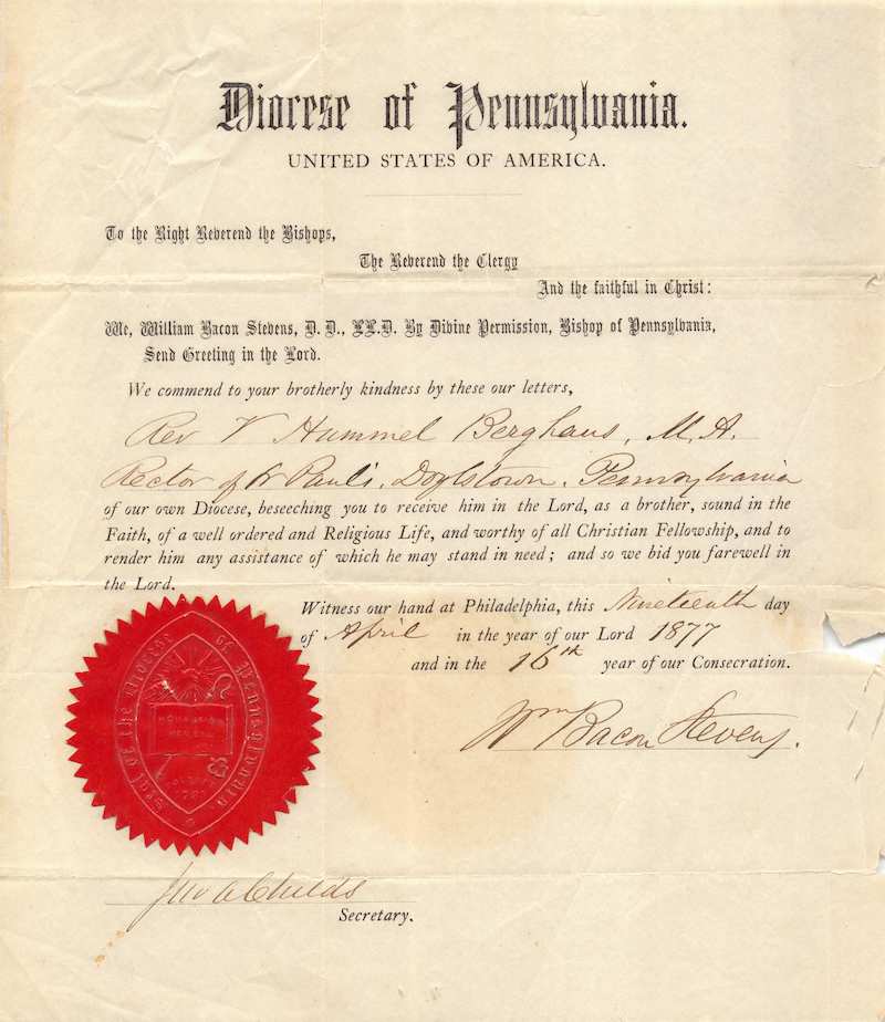 William Bacon Stevens Lehigh University Episcopal Bishop Signed Certificate 1877
