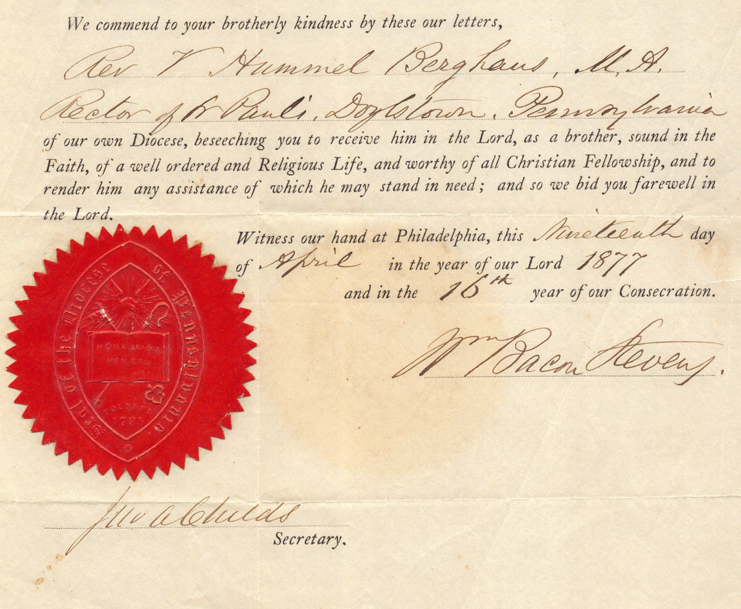 William Bacon Stevens Lehigh University Episcopal Bishop Signed Certificate 1877