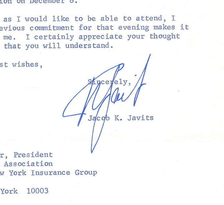 Jacob Javits New York Senator Autograph Signed Dinner Dance Letter 1972
