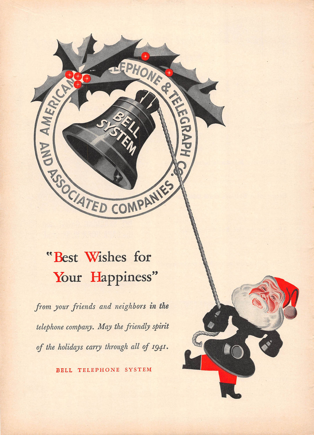 Bell Telephone System Vintage Santa Claus Graphic Christmas Advertising Print 1941