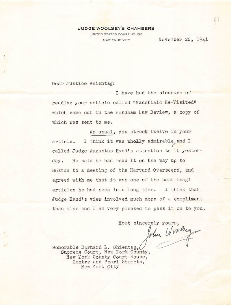 Judge John Woolsey New York Autograph Signed Judge Shientag Letter 1941