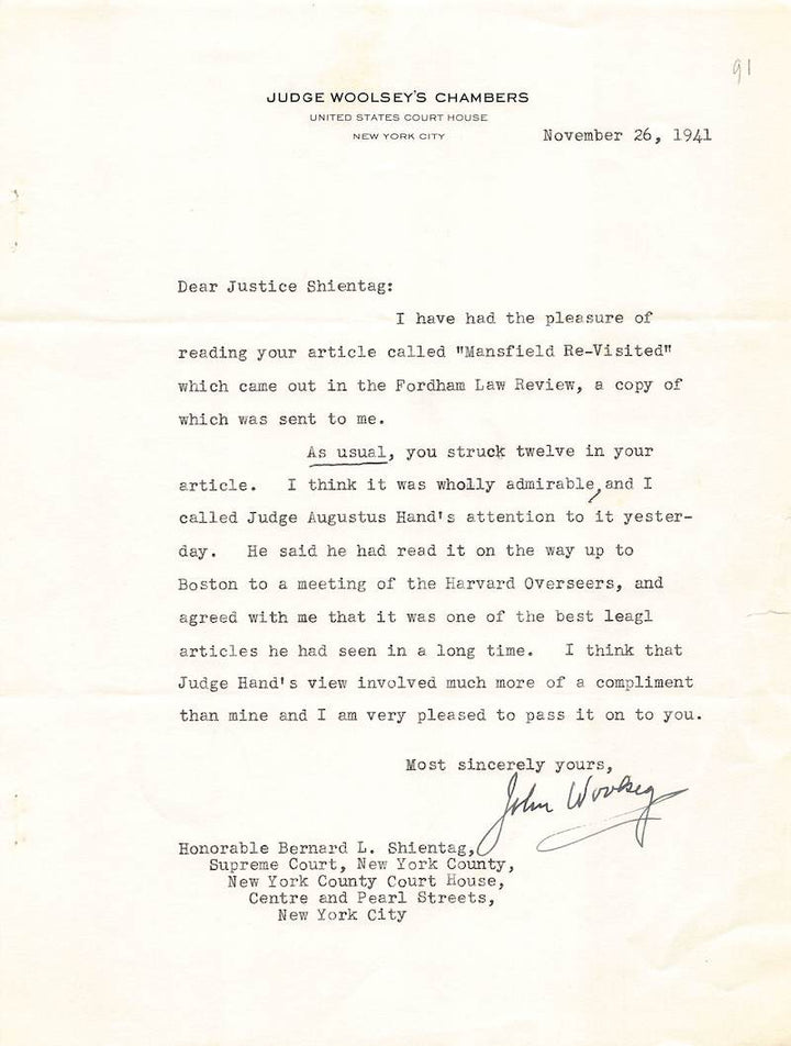 Judge John Woolsey New York Autograph Signed Judge Shientag Letter 1941