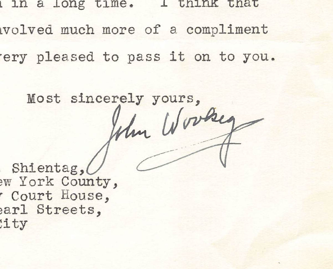 Judge John Woolsey New York Autograph Signed Judge Shientag Letter 1941