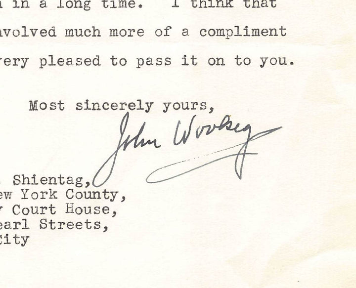 Judge John Woolsey New York Autograph Signed Judge Shientag Letter 1941
