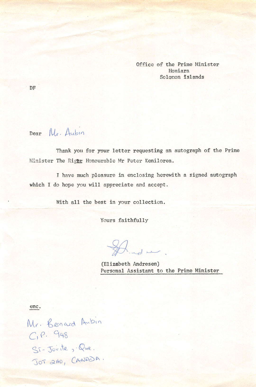 Peter Kenilorea Solomon Islands Prime Minister Autograph Signed Photo