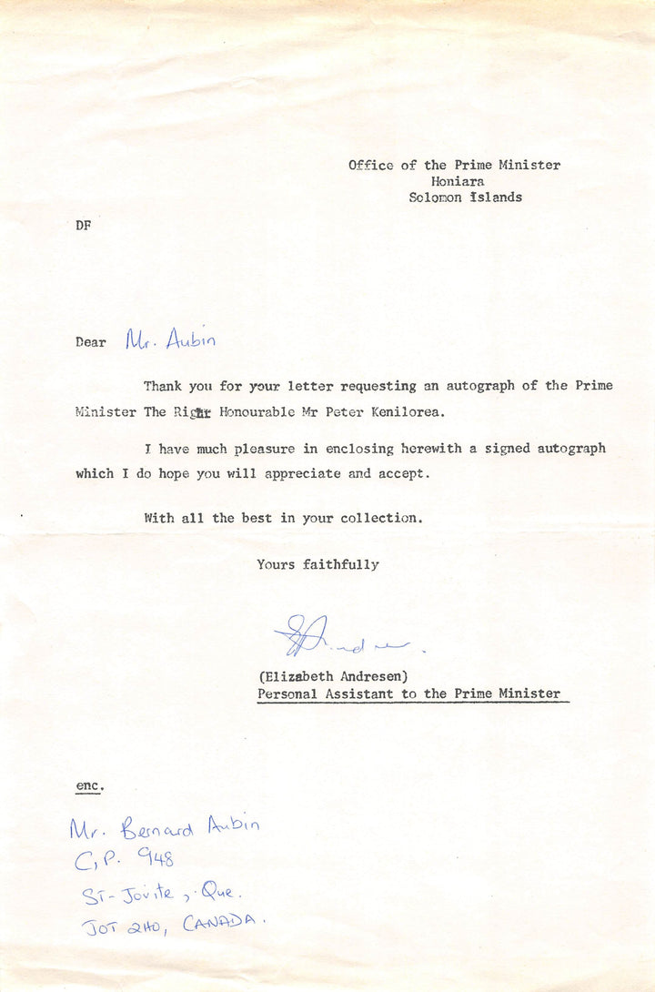 Peter Kenilorea Solomon Islands Prime Minister Autograph Signed Photo
