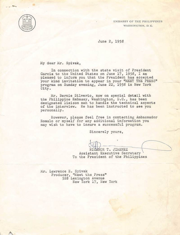 Nicanor Jimenez Philippines Ambassador Autograph Signed Washington DC Letter 1958
