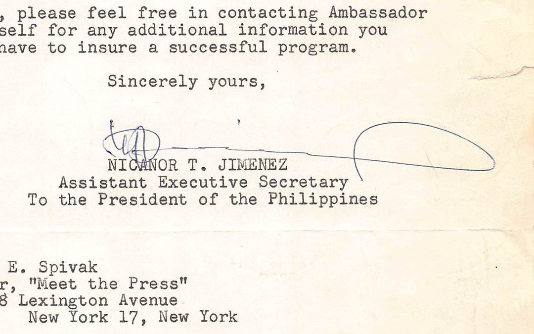Nicanor Jimenez Philippines Ambassador Autograph Signed Washington DC Letter 1958