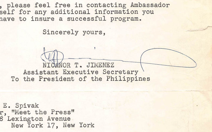 Nicanor Jimenez Philippines Ambassador Autograph Signed Washington DC Letter 1958