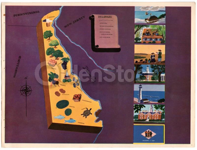 Delaware State Vintage Graphic Art Educational School Map of Delaware 1939