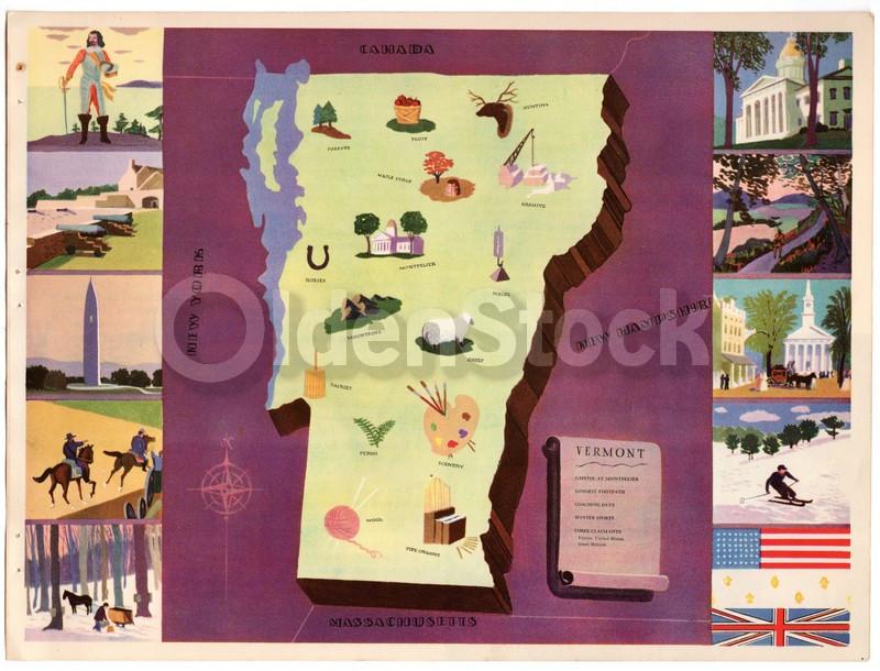 Vermont State Antique Graphic Art Illustrated Educational School Map of Vermont 1939