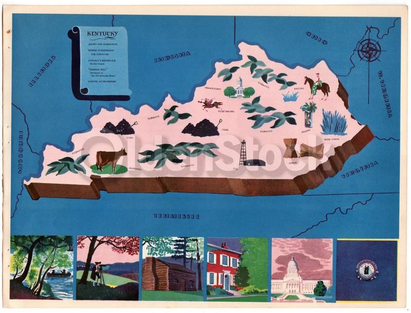 Kentucky State Vintage Graphic Art Educational Classroom Map of Kentucky 1939