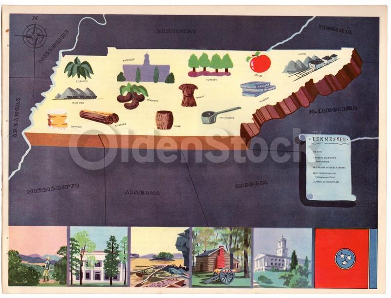 Tennessee State Vintage Graphic Art Educational School Map of Tennessee 1939