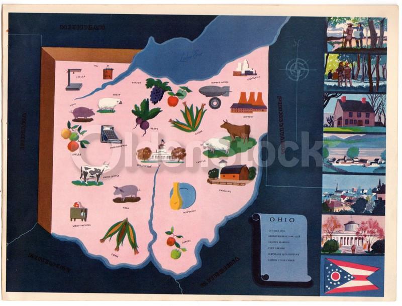 Ohio State Vintage Graphic Art Illustrated Educational School Map of Ohio 1939