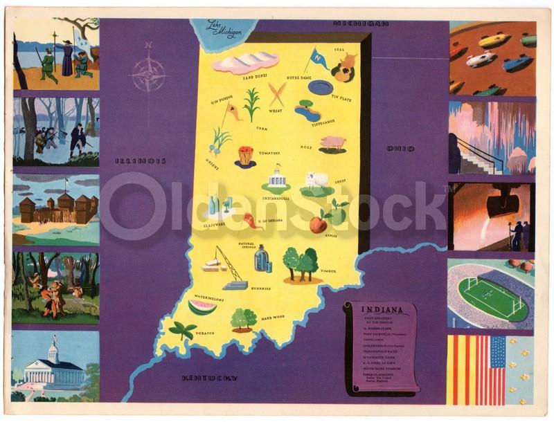 Indiana State Vintage Graphic Art Educational Classroom Map of Indiana 1939