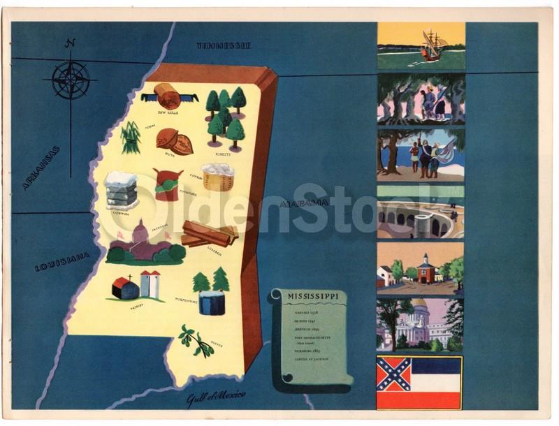 Mississippi State Vintage Graphic Art School Classroom Map of Mississippi 1939