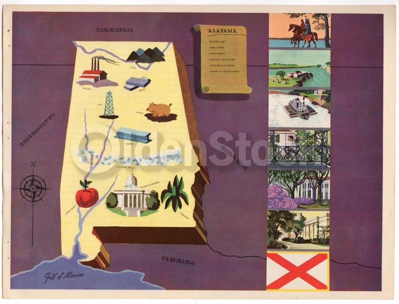 Alabama State Antique Graphic Art Educational School Map of Alabama 1939