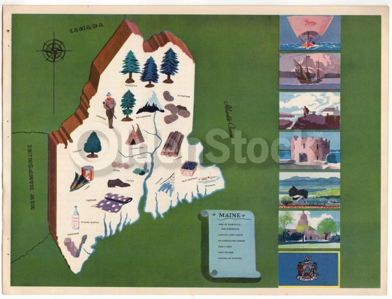 Maine State Vintage Graphic Art School Classroom Map of Maine 1939