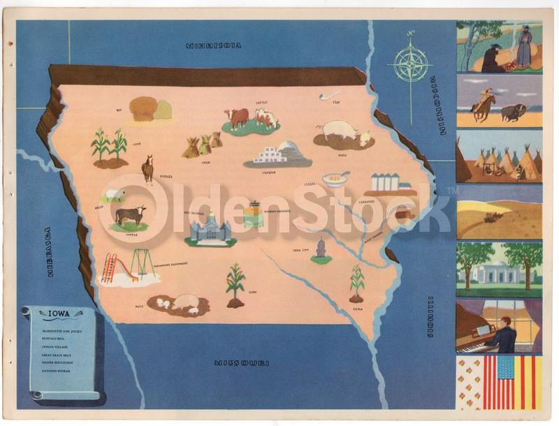 Iowa State Vintage Graphic Art Educational Classroom Map of Iowa 1939