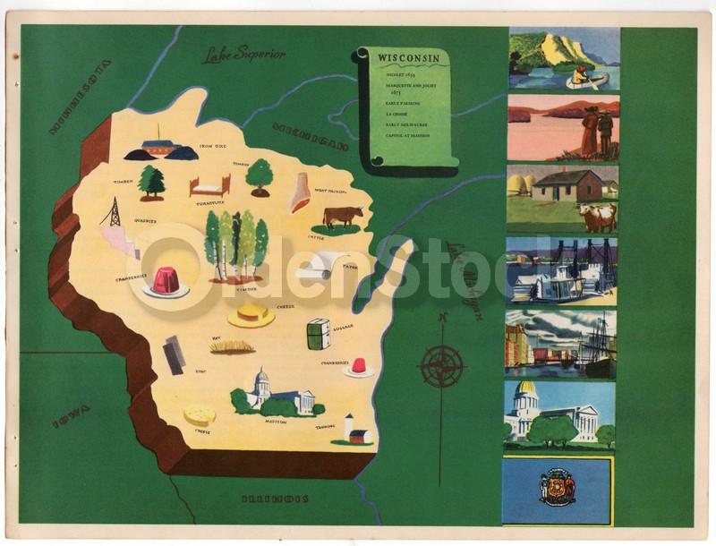 Wisconsin State Antique Graphic Art Illustrated Educational Map of Wisconsin 1939