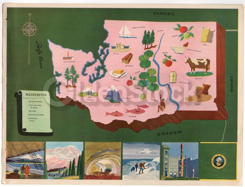 Washington State Vintage Graphic Art Educational School Map of Washington 1939