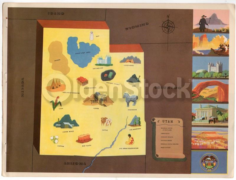 Utah State Vintage Graphic Art Illustrated Educational School Map of Utah 1939