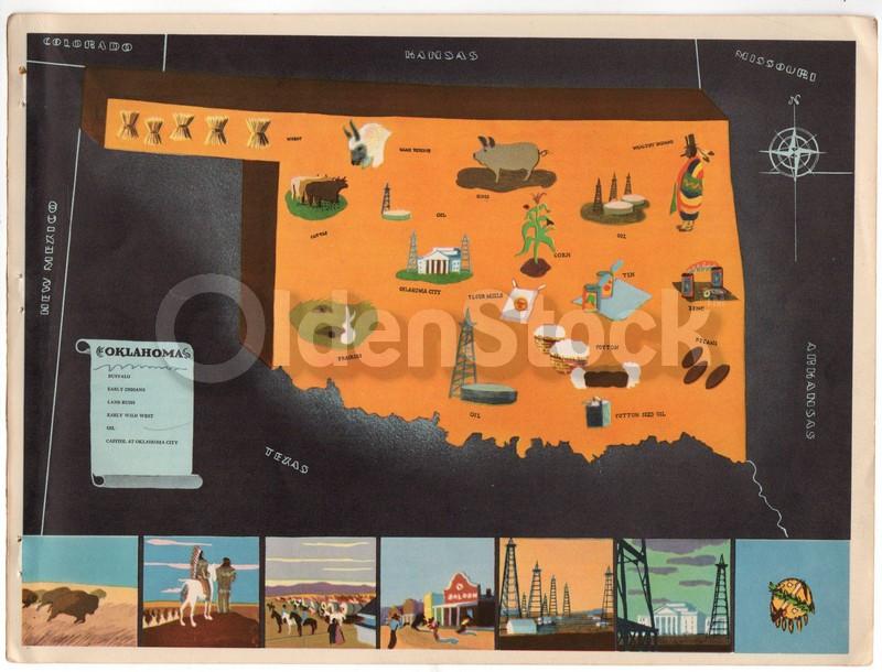 Oklahoma State Vintage Graphic Art Illustrated Educational School Map of Oklahoma 1939