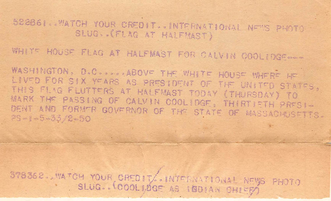 President Calvin Coolidge White House Memorial Flag Antique Press Photo