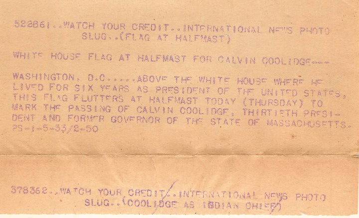 President Calvin Coolidge White House Memorial Flag Antique Press Photo