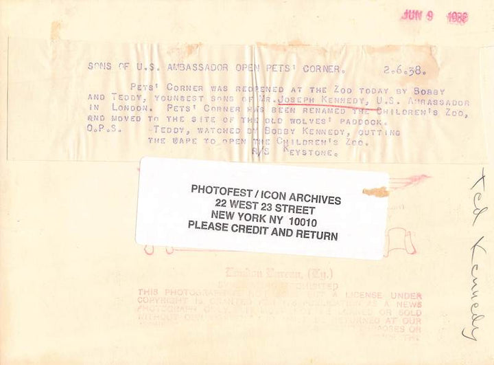 Bobby & Teddy Kennedy Boys at the London Zoo Vintage Political Press Photo 1938