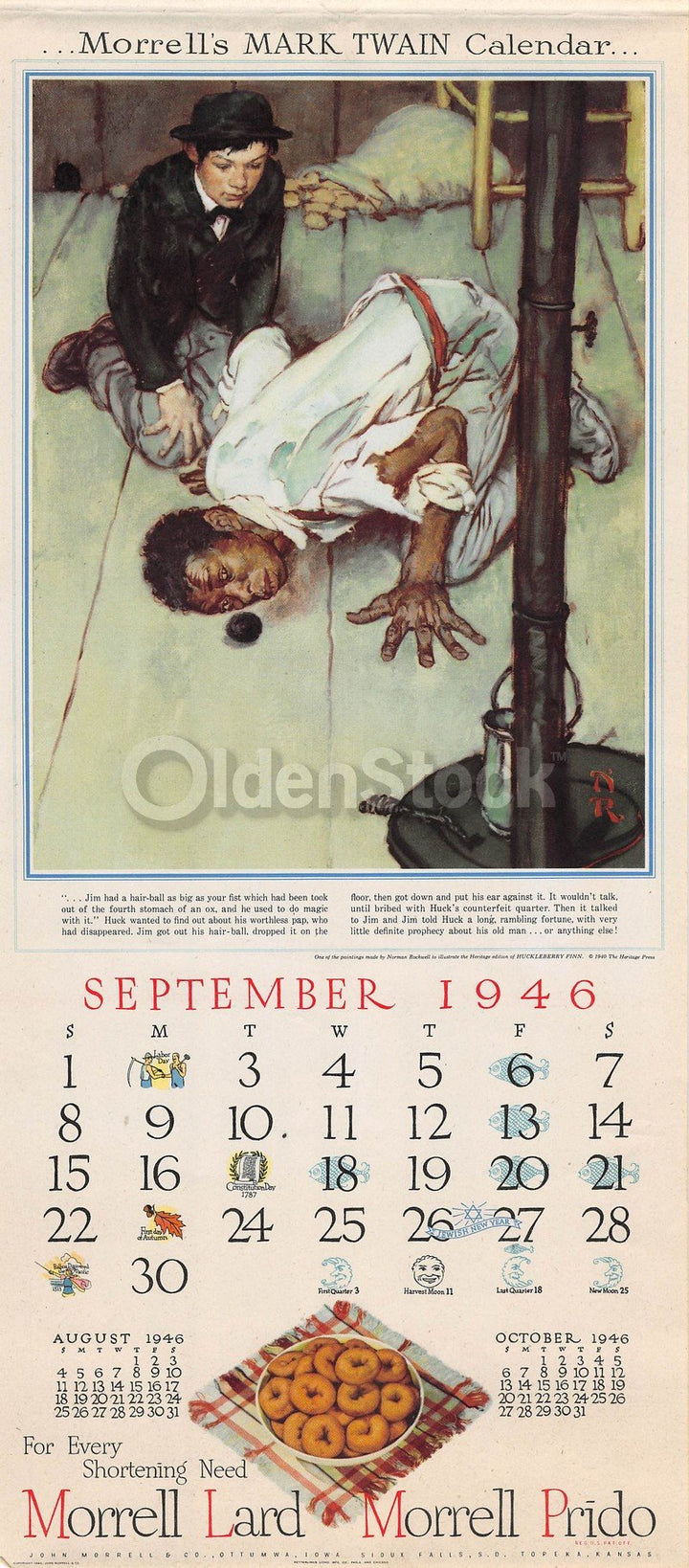 Huck Finn & Jim Vintage Norman Rockwell Art Morrell Donuts Calendar Poster 1946