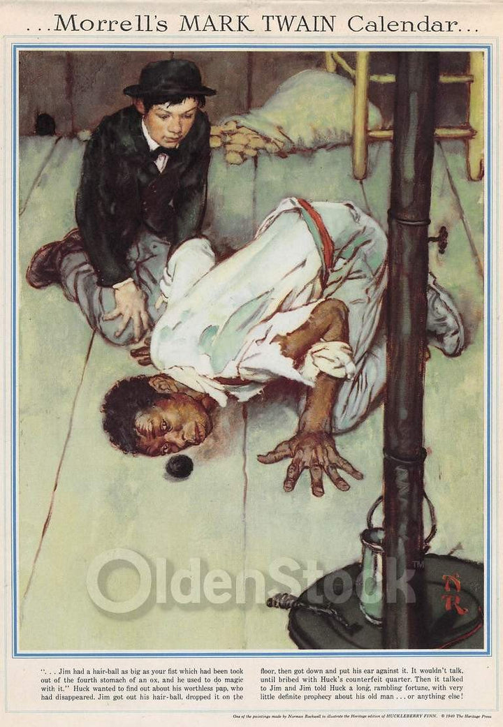 Huck Finn & Jim Vintage Norman Rockwell Art Morrell Donuts Calendar Poster 1946
