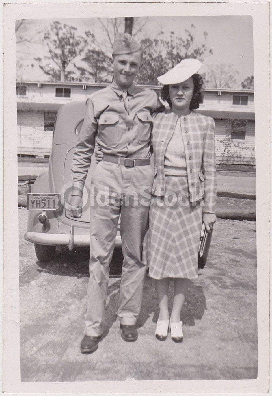 American GI & His Best Girl Posing Proud Vintage WWII Homefront Snapshot Photo