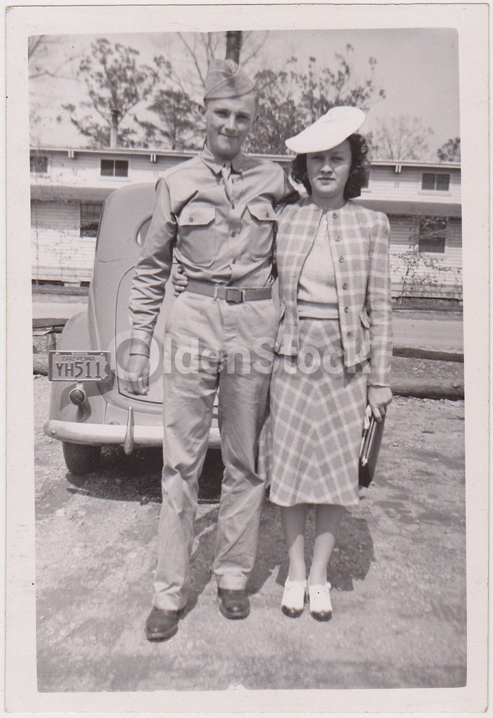 American GI & His Best Girl Posing Proud Vintage WWII Homefront Snapshot Photo