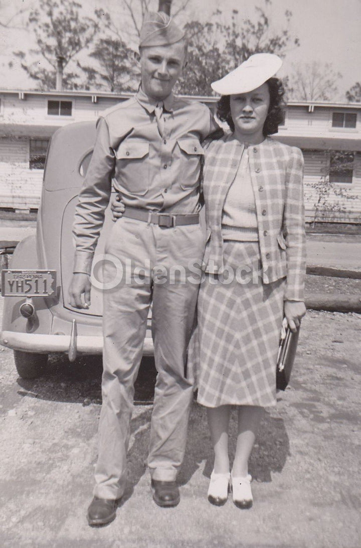 American GI & His Best Girl Posing Proud Vintage WWII Homefront Snapshot Photo