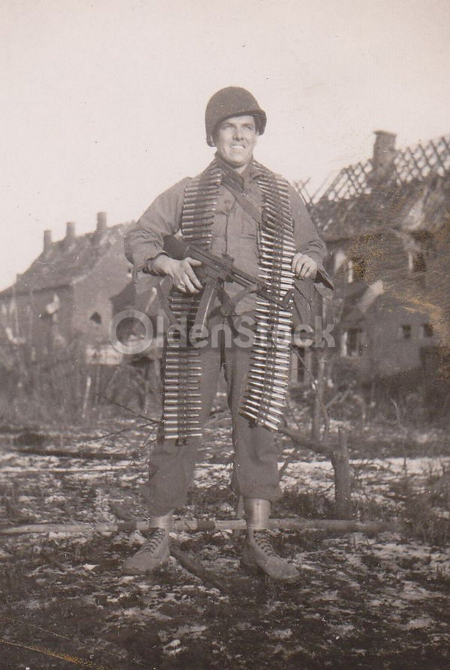 American GI in Macho Rambo Machine Gun Pose Vintage WWII Snapshot Phot ...