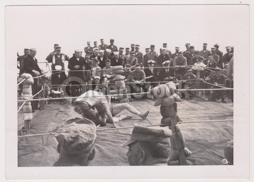 American GIs Navy Boxing Match on Deck Vintage WWII Soldiers Snapshot Photo