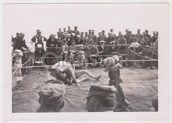American GIs Navy Boxing Match on Deck Vintage WWII Soldiers Snapshot Photo