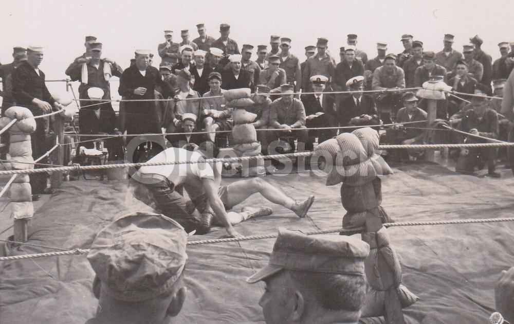 American GIs Navy Boxing Match on Deck Vintage WWII Soldiers Snapshot Photo