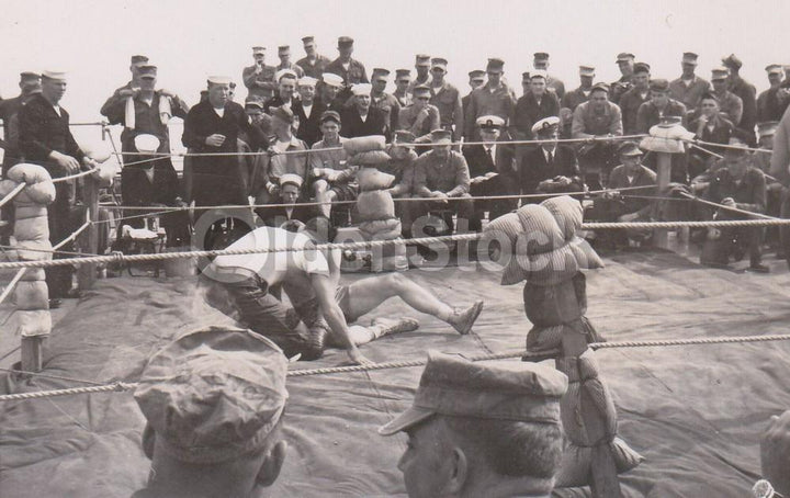 American GIs Navy Boxing Match on Deck Vintage WWII Soldiers Snapshot Photo
