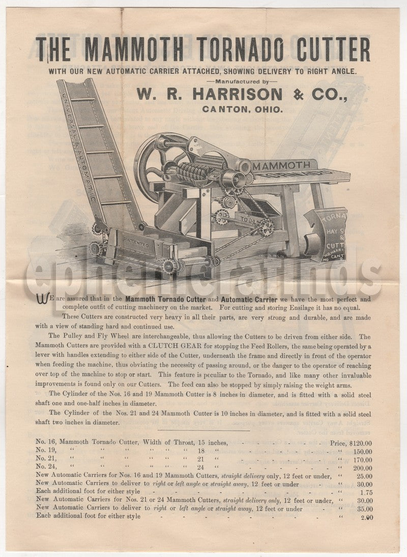 Mammoth Tornado Hay Cutter Canton OH Antique Graphic Advertising Broadside Flyer