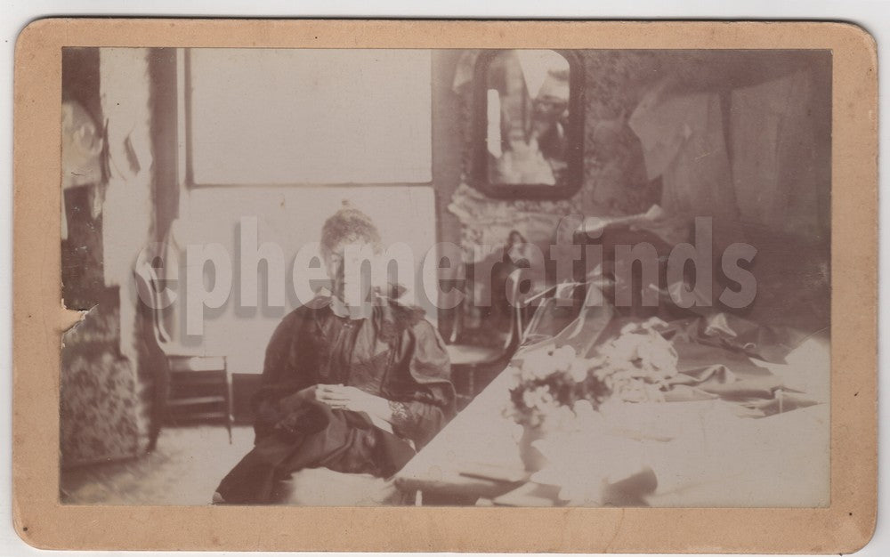 Woman's Craft Room Great Candid Interior Scene Antique Photo on Board