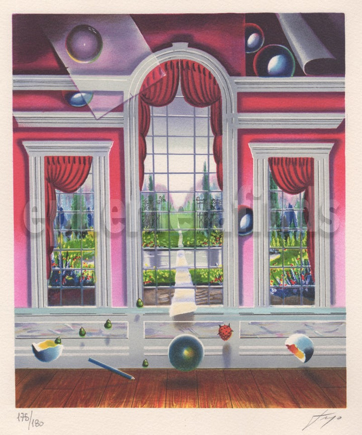 Ferjo Brazilian Surrealist Artist Vintage Signed "Red Room" Lithograph Art Print